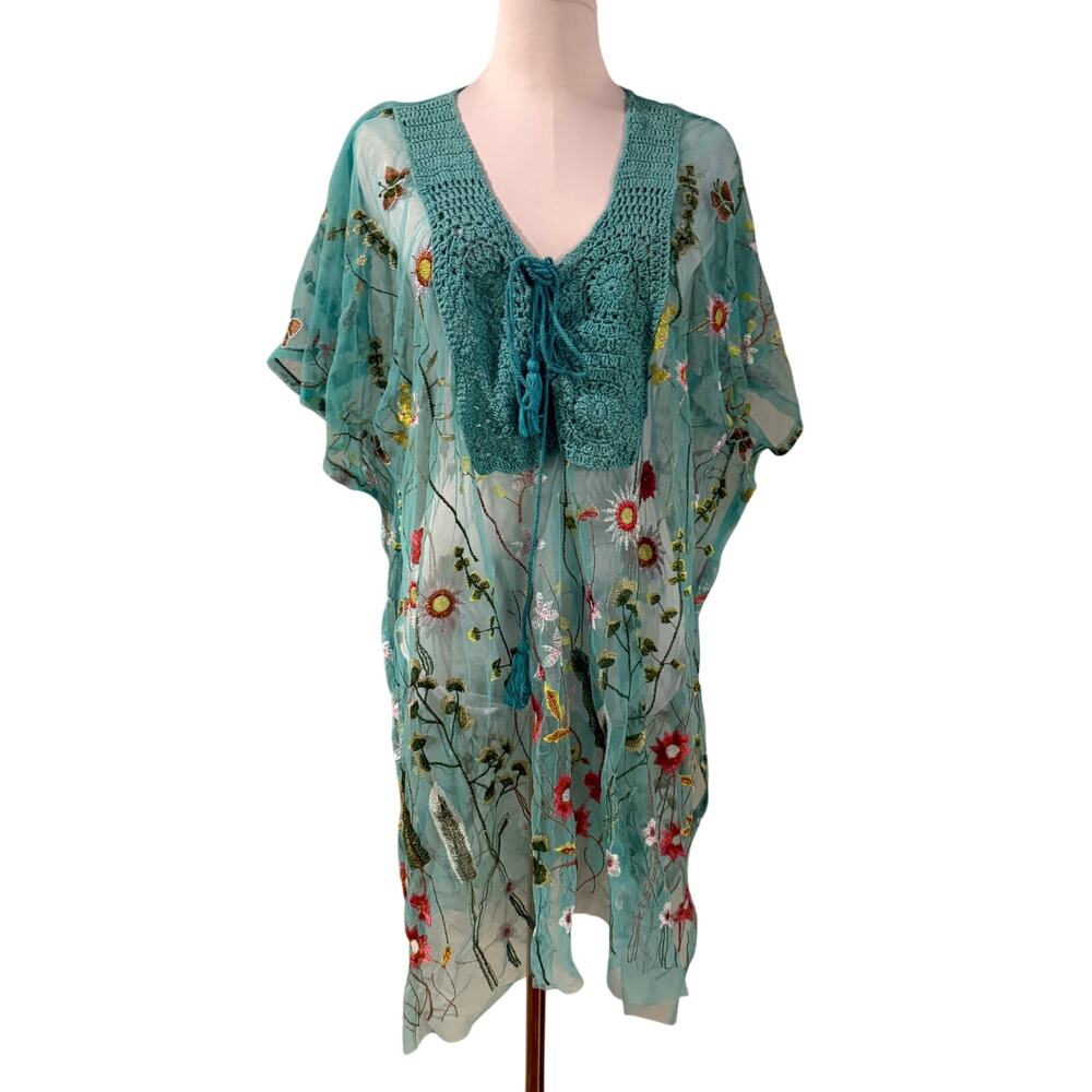 Colori Di Mare Sheer Embroidered Floral Kimono Cover Up Aqua Crochet Tassel OS